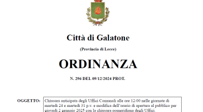 ORDINANZA N. 296 - Chiusura anticipata degli Uffici Comunali alle ore 12:00 n...