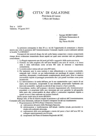 Il Sindaco risponde alla petizione del Partito Democratico Circolo di Galaton...